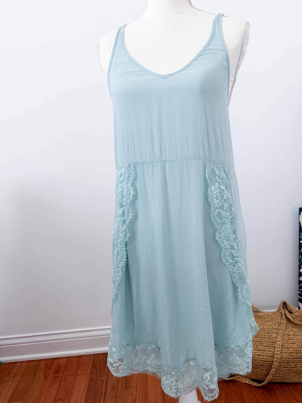 Free People Mint Green Lace Trim Swing Slip Dress Boho Sleeveless Size S